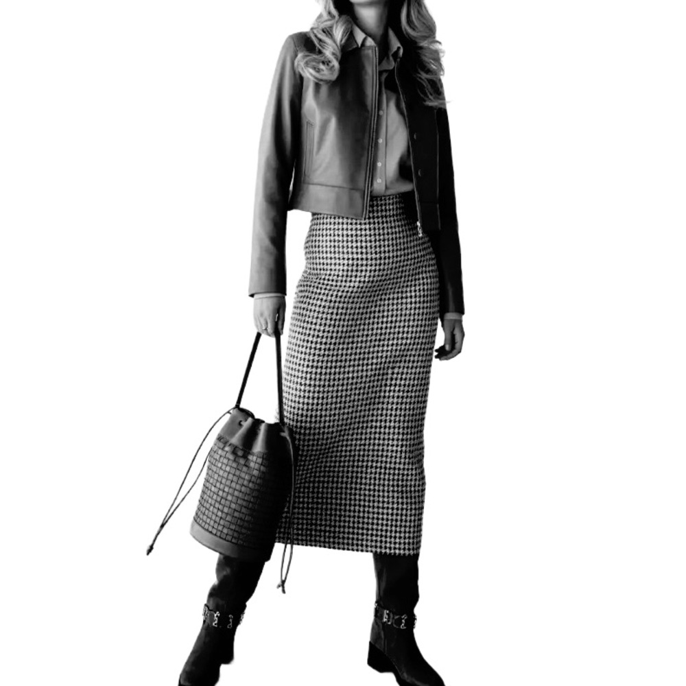 Vintage Classic Pencil‎ Skirt Houndstooth Pattern Midi to Ankle Length Skirt